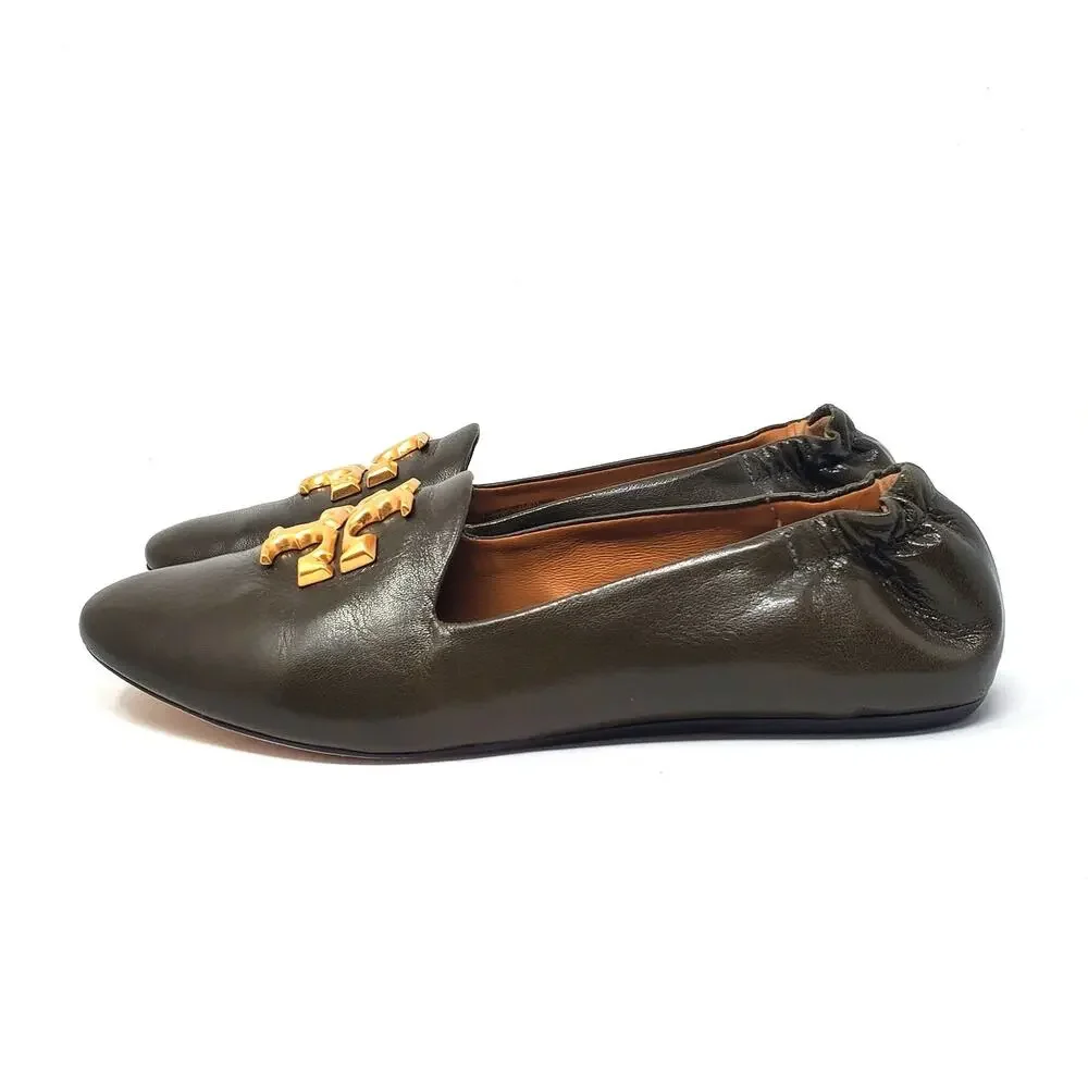 Tory Burch Eleanor Loafers Flat Goat Leather Moss Olive Green Gold 84922 Size 8